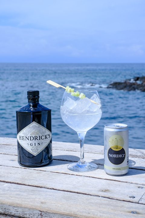 Gin Tonic Cocktail Meer im Hintergrund Hochformat